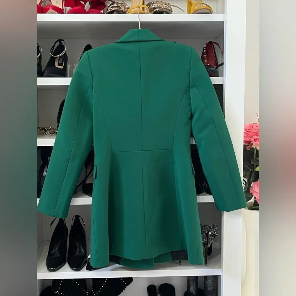 NWT  WOMEN'S DOUBLE BREASTED LONG BLAZER DRESS Green SIZE XS